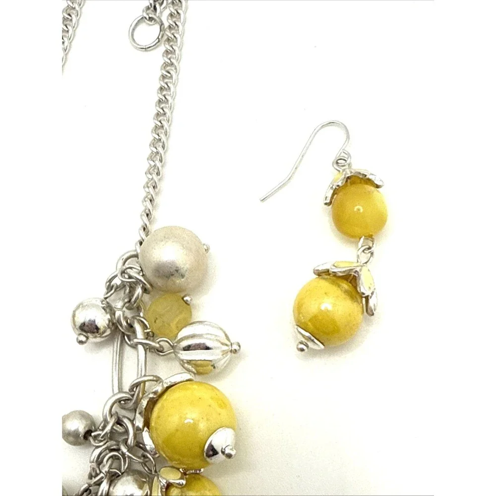 Yellow & Silver Bead Cha Cha Cluster Bib Necklace & Earrings Set Y2k Runway
